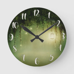 Horloge Ronde Rustic Enchanted Green Forest & Jar Lights Custom