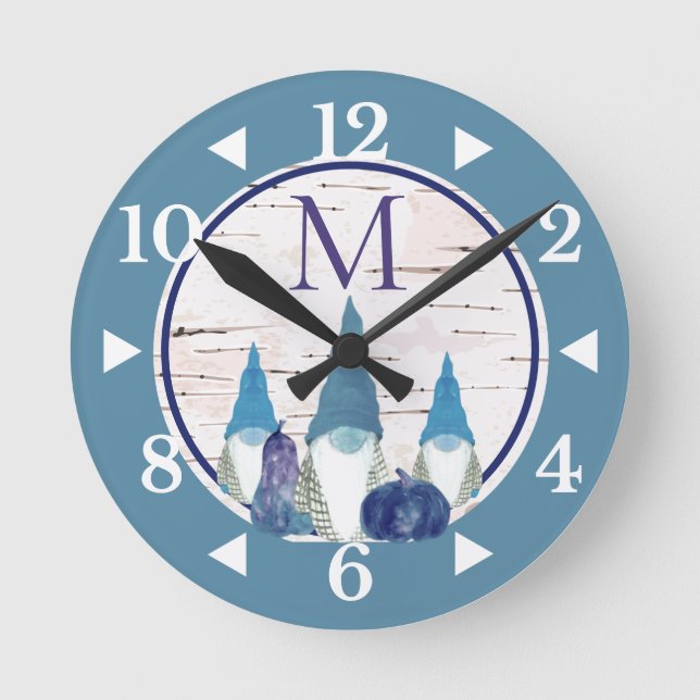 Horloge Ronde Rustic Fall Autumn Gnome Dusty Blue pumpkins (Recto)