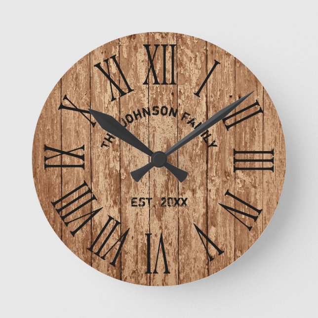 Horloge Ronde Rustic Farmhouse Dark Wood Nom de famille (Recto)