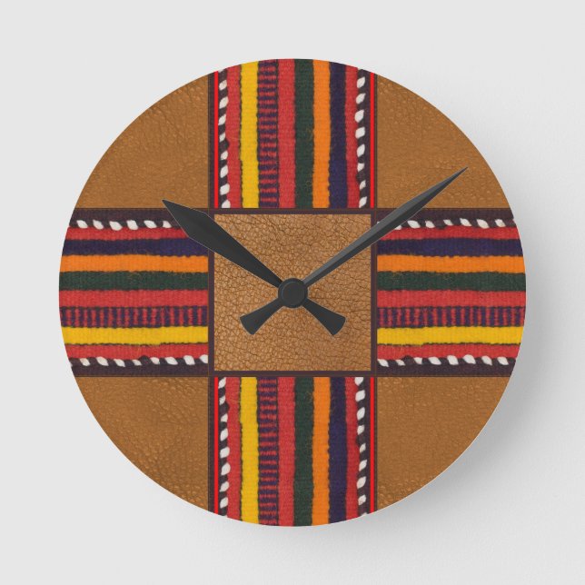 Horloge Ronde Rustic Faux Leather Ethnic Stripes Cross Western (Recto)