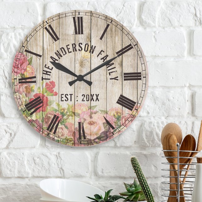 Horloge Ronde Rustic Floral Wood Custom (Créateur téléchargé)