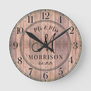 Horloge Ronde Rustic Personnalisé Mariage Nouveaux mariés