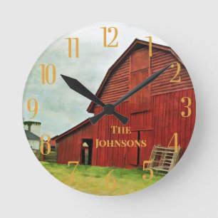 Horloge Ronde Rustic Red Barn Scene