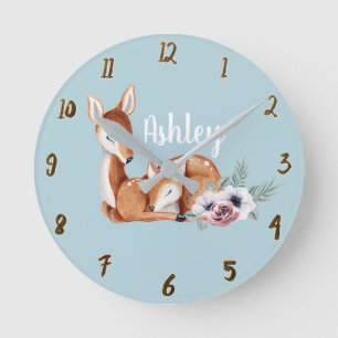 Horloge Ronde Rustic Vintage Deer Forest Floral Nursery Wall Art