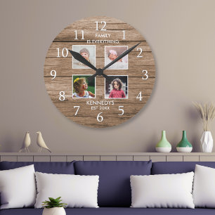Horloge Ronde Rustic Wood 4 Photo Collage Nom de famille Citatio