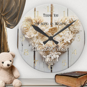 Horloge Ronde Rustic Wood Floral Heart Maman