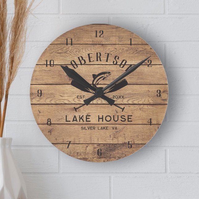 Horloge Ronde Rustic Wood Lake Nom de famille (Créateur téléchargé)