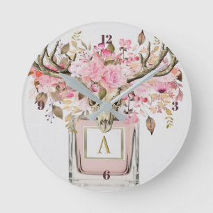 Horloge Ronde Rustique Boho Taureau Taureau Floral Monogramme Ch