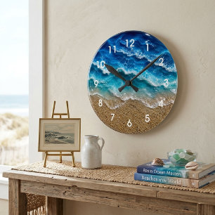 Horloge Ronde Sable de plage aspect résine Blue Wave numéroté