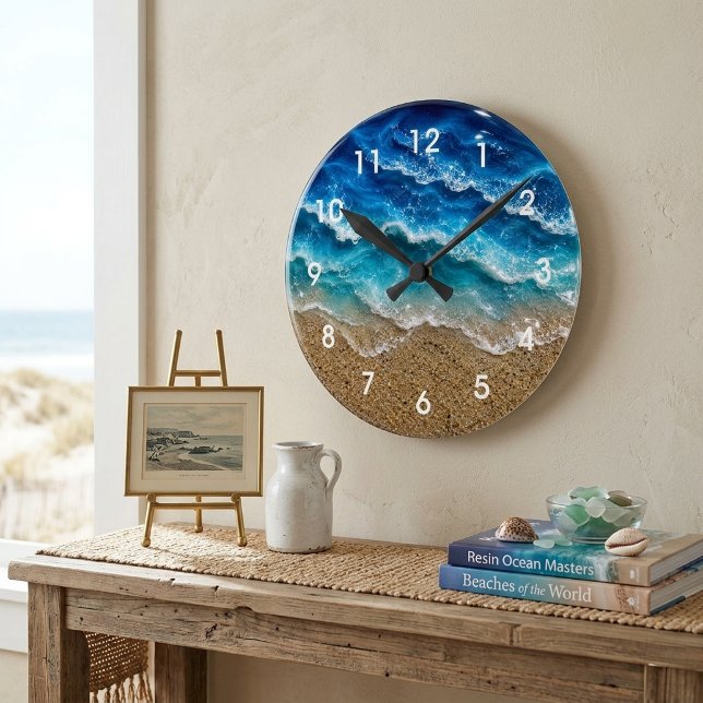 Horloge Ronde Sable de plage aspect résine Blue Wave numéroté  (Créateur téléchargé)