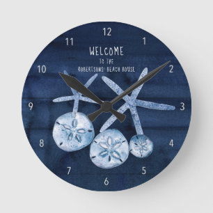 Horloge Ronde Sable de plage Dollar moderne Navy Blue Wood R