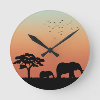 Horloge Ronde Safari Afrique Sunset Elephant Silhouette