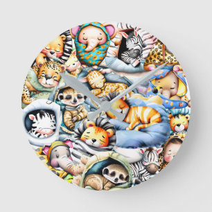 Horloge Ronde Safari dormir animaux sauvages jungle pépinière dé