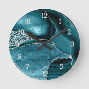 Horloge Ronde Safari Pailleté Agate Argentée Imprimé Léopard