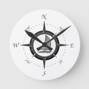 Horloge Ronde Sailboat and compass rose