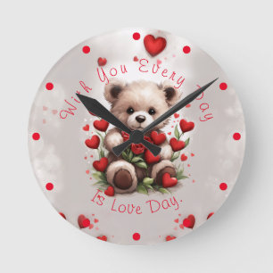Horloge Ronde Saint Valentin mignonne Teddy avec Roses rouges &