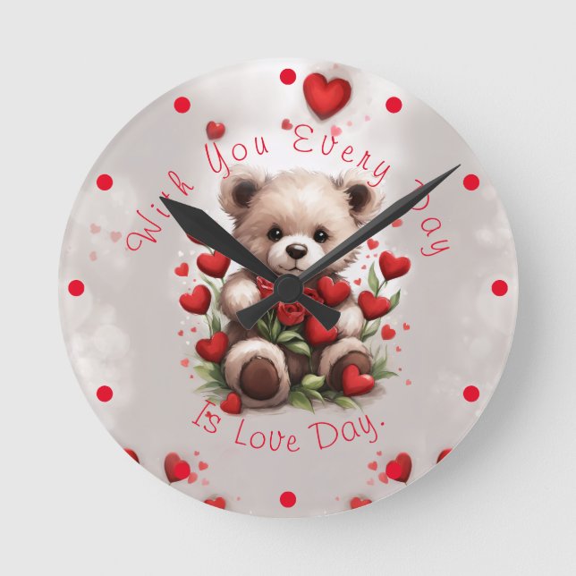 Horloge Ronde Saint Valentin mignonne Teddy avec Roses rouges &  (Recto)