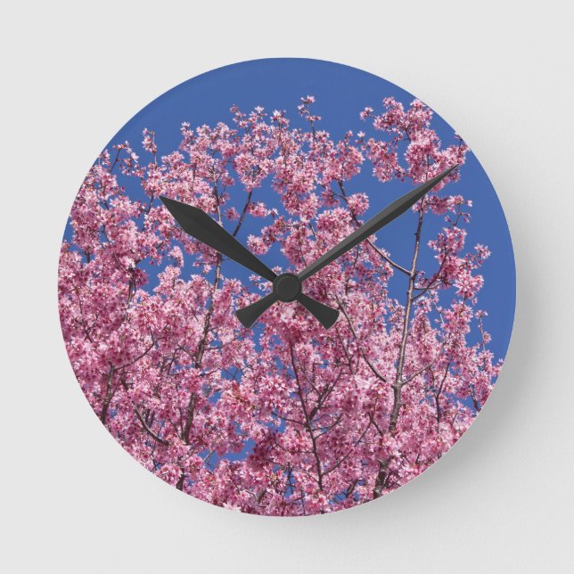 Horloge Ronde Sakura Cherry Fleurit Dans Le Bleu (Recto)