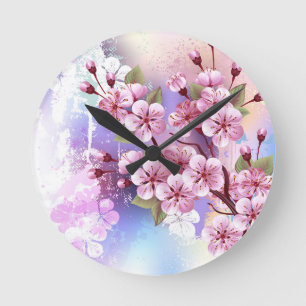 Horloge Ronde Sakura rose sur la peinture Arrière - plan