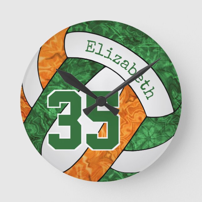 Horloge Ronde salle de volley-ball orange verte personnalisée (Recto)