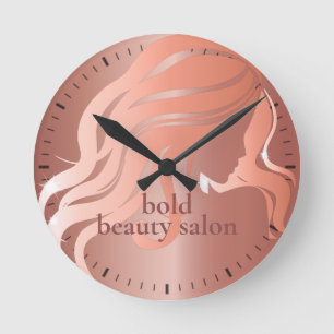 Horloge Ronde Salon de beauté Nom personnalisé Rose Mur métalliq