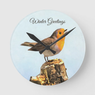Horloge Ronde Salutations d'hiver. Robin chantant