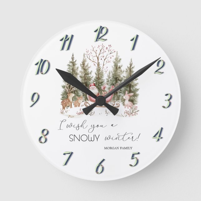 Horloge Ronde Santa Claus, Sleigh, Présents Noël de forêt (Recto)