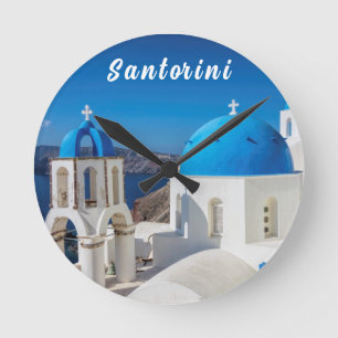 Horloge Ronde Santorin avec église bleue et blanche