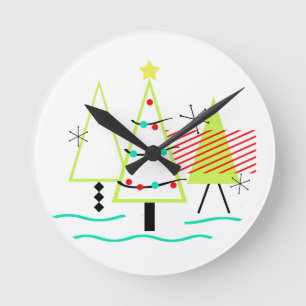 Horloge Ronde sapins de noël rétro modernes du milieu du siècle