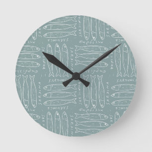 Horloge Ronde Sardines bleu sauge poussiéreux tendance Amalficor