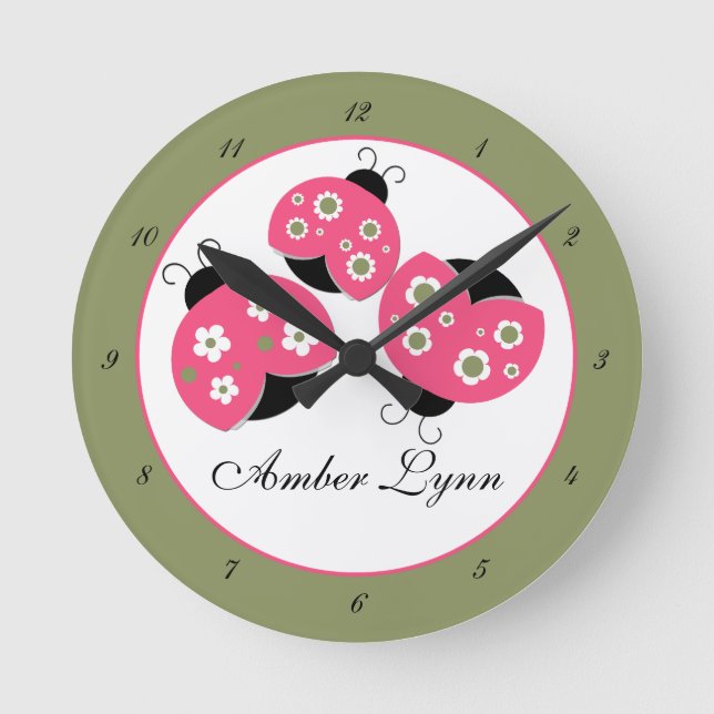 Horloge Ronde Saumon & Green Ladybugs (Recto)