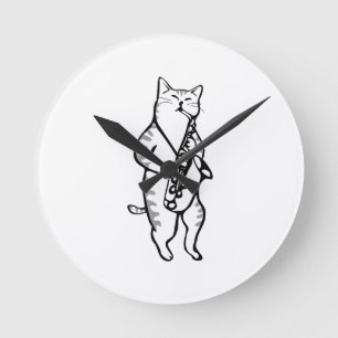 Horloge Ronde Saxophone Instrument Musique Jazz Cat Golf Balls