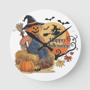 Horloge Ronde Scarecrow Citrouille Halloween Vibes rustiques Art