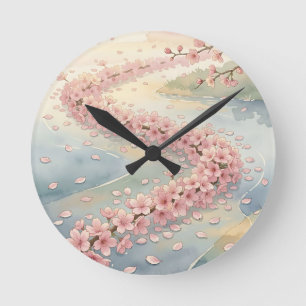Horloge Ronde Scène aquarelle de la rivière aux cerisiers roses