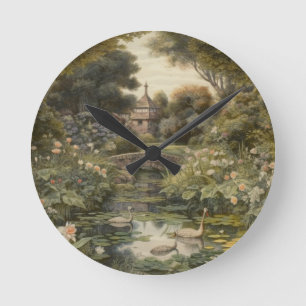 Horloge Ronde Scène botanique de cygnes dans un jardin anglais