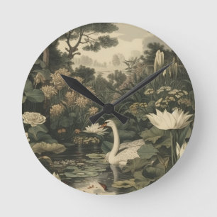 Horloge Ronde Scène botanique d'un cygne blanc dans une rivière