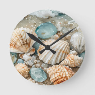 Horloge Ronde Scène de bois flotté à l'aquarelle des mers côtièr