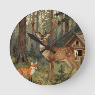 Horloge Ronde Scène de cabane forestière avec cerf et renard