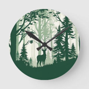 Horloge Ronde Scène de nature avec silhouette de forêt de cerfs