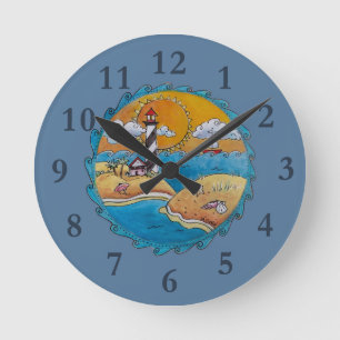 Horloge Ronde Scène de plage de phare fantaisiste, art folkloriq