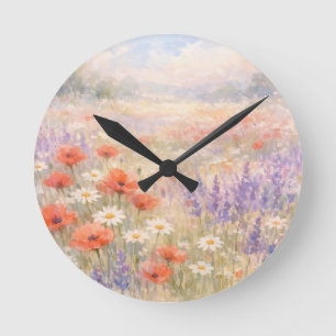 Horloge Ronde Scène de prairie de fleurs sauvages à l'aquarelle