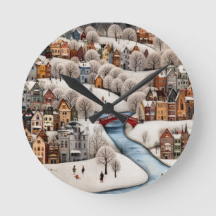 Horloge Ronde Scène de village d'hiver Ville enneigée cosy 