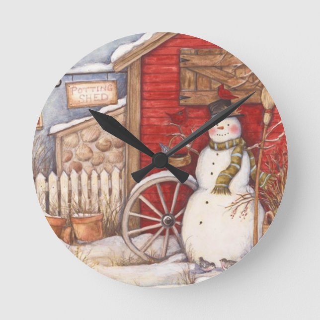 Horloge Ronde Scène hivernale Rustique Snowman (Recto)