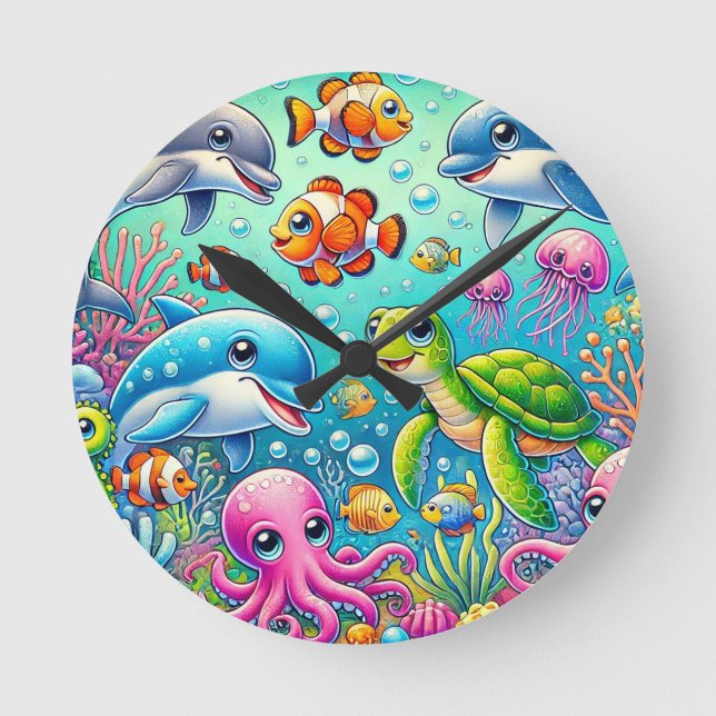Horloge Ronde Scène Sous-Marine Colorée Avec Mer Jouante (Recto)
