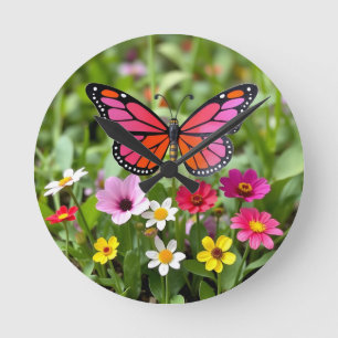 Horloge Ronde Scène vibrante de jardin avec papillon monarque