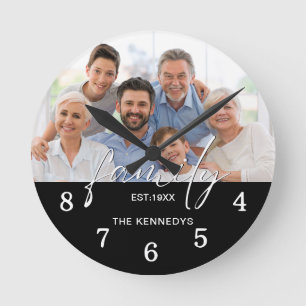 Horloge Ronde Script Famille Typographie Nom Photo Noir Blanc