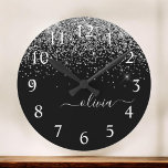 Horloge Ronde Script Monogram Girly Name<br><div class="desc">Black and Silver Sparkle Glitter Brushed Script Monogram Clock. This makes the perfect sweet 16 birthday,  wedding,  bridal shower,  anniversary,  baby shower or bachelorette party gift for someone that loves glam luxury and chic styles.</div>