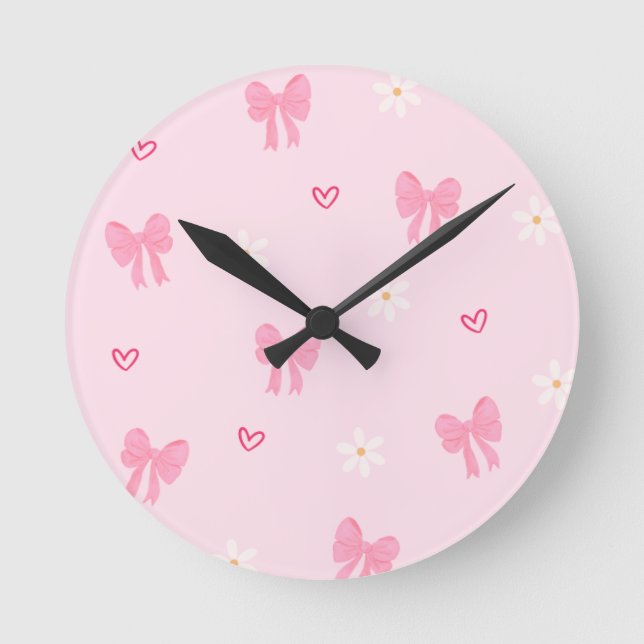 Horloge Ronde Seamless Pink Bow and Floral Pattern – Cute Girly  (Recto)