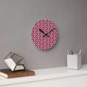 Horloge Ronde Seigaiha, Vagues, Japonais, Bourgogne et Blanc