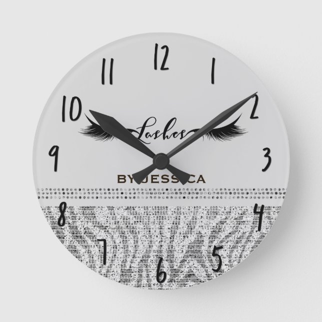 Horloge Ronde Séquins Zèbre Blanc Silver Lashes Personnalisé (Recto)